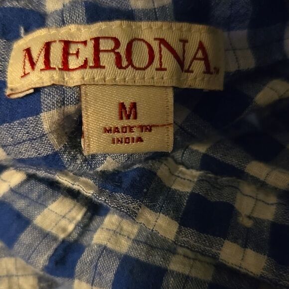 MERONA BUTTON DOWN BLUE AND WHITE CHECKERED BLOUSE SZ M - Picture 5 of 6